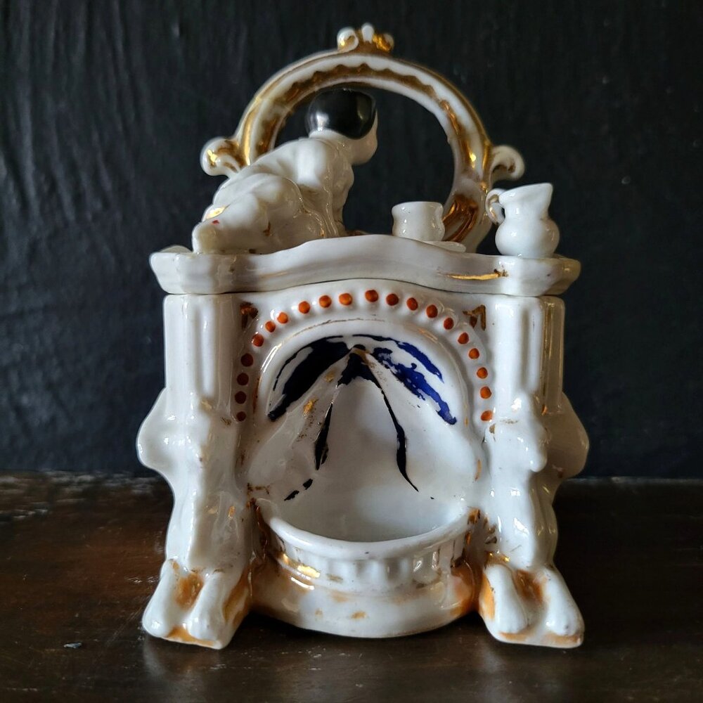 Antique Victorian Porcelain Fairing Trinket Box, Boy In Mirror Over Fireplace